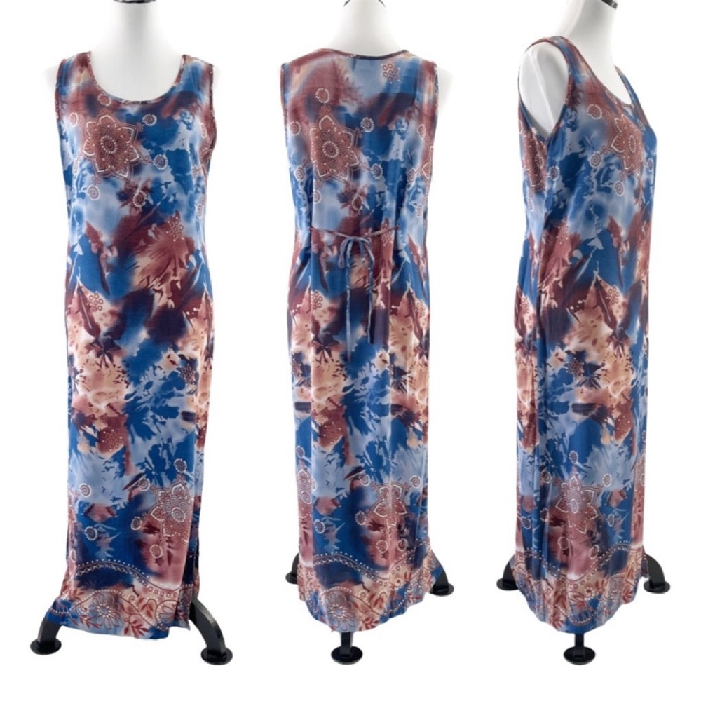 California Krush Blue & Brown Floral Sleeveless Bright Maxi Shift Dress Lg